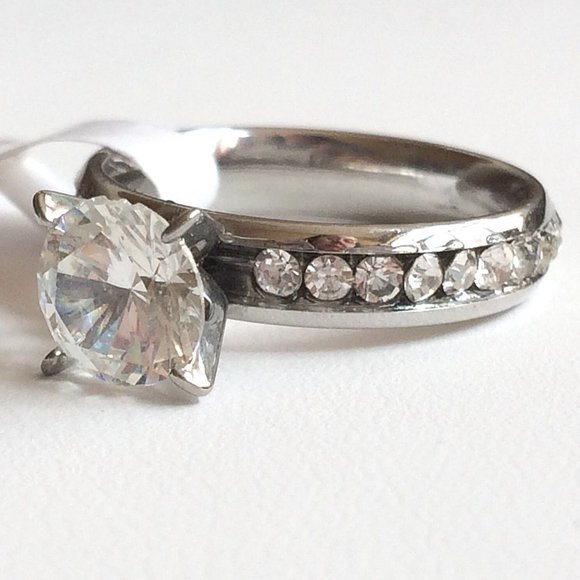 Stainless Steel Cubic Zirconia Engagement Ring Size 6 7 8 9 10 Eternity Silver - Picture 4 of 10